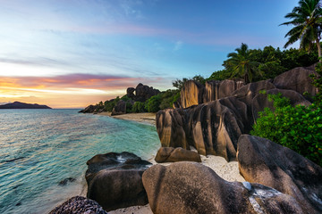 romantic sunset in paradise, anse source d'argent, la digue, seychelles 7