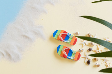 shell flip flops beach palm leaf top view with copy space for your text. flat lay. 