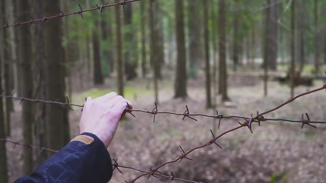 A man's hand touches a barbed wire fence. Concept illegal migration. An Arab who wants to emigrate to Europe. Camp for expats.