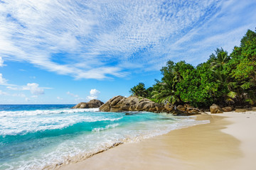 Fototapeta na wymiar Beautiful wild lonely beach, police bay, seychelles 9