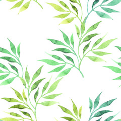 Spring seamless pattern with hand drawn watercolor leaves. Sweet floral background on white. For decoration, textil, paper and wallpaper.