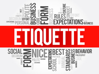Etiquette word cloud collage, social business concept on blackboard