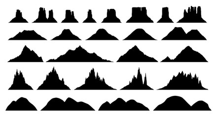 Silhouettes of different mountain types , big vector set, illustrations of plateau, hill, rock, highland, volcano silhouettes isolated on white - obrazy, fototapety, plakaty
