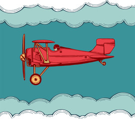 Airplane. Hand drawn biplane color vector illustration. Aeroplane sketch drawing. Part of set.
