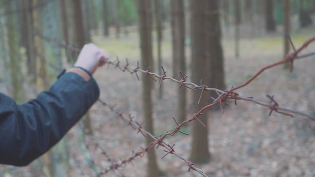 A man's hand touches a barbed wire fence. Concept illegal migration. An Arab who wants to emigrate to Europe. Camp for expats.