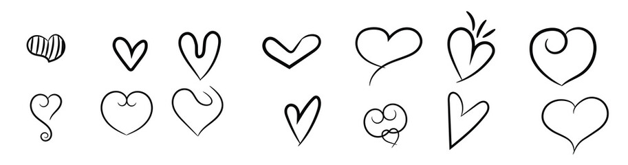 Set of Hand drawn hearts. Love symbol Flat style. Design elements for Valentine's day