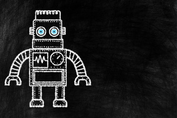 Toy Picture of Vintage Robot Chalk Drawing on Chalkboard Awesome Background with Free Space for Text.
