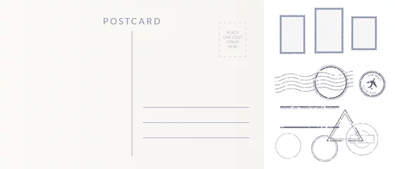 Fotobehang Postal elements set: empty postcard back, postage stamps and cancel marks imprints. © o_a