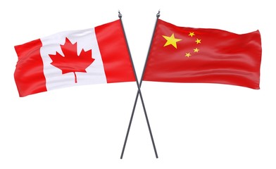 Canada and China, two crossed flags isolated on white background. 3d image