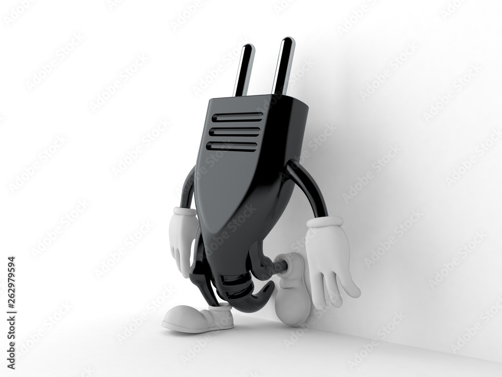 Poster electric plug character leaning on wall on white background