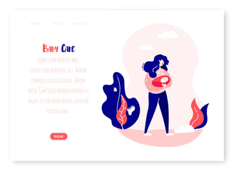 Mother with a child in her arms in nature. Vector web page template. Baby care banner in flat linear style.