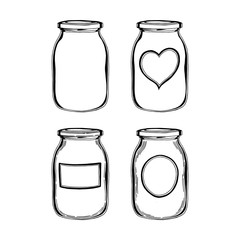 Jar. Hand drawn different jars with labels. Glass jar sketch drawing set.