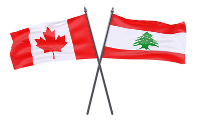 Canada and Lebanon, two crossed flags isolated on white background. 3d image