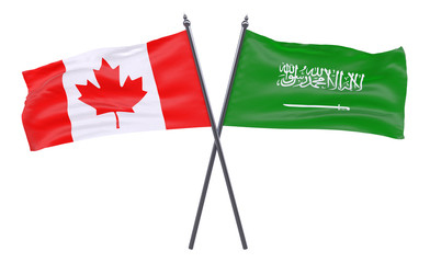 Canada and Saudi Arabia, two crossed flags isolated on white background. 3d image
