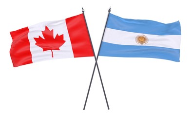 Canada and Argentina, two crossed flags isolated on white background. 3d image