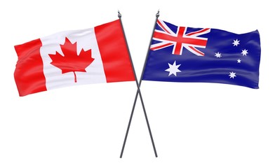 Canada and Australia, two crossed flags isolated on white background. 3d image