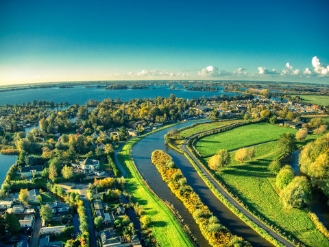 drone top view of vinkeveen near Amsterdam during hot summer