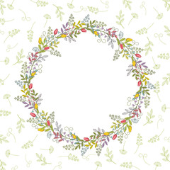 Obraz na płótnie Canvas Card with vintage color wreath on the background of one-color branches, leaves and tendrils.Vintage vector pattern. 