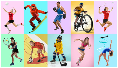 Sport collage about athletes or players. The tennis, running, badminton, rhythmic gymnastics, volleyball.