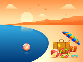 Beautiful beach view background with summer elements for Summer holiday celebration banner or poster design.