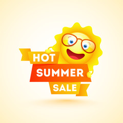 Advertising banner or poster design with cartoon character of sun wearing goggles for Hot Summer Sale.