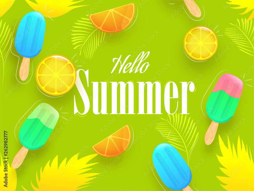 Canvas Prints Colorful ice cream with lemon slice decorated on green background for Hello Summer celebration concept. Banner or poster design.