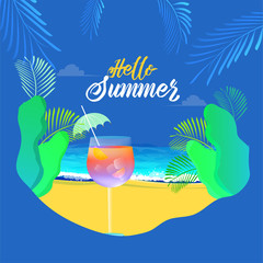 Poster or template design with mocktail and tropical leaves decorated on beach view background for Hello Summer celebration concept.