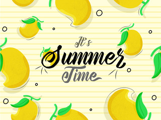 Calligraphy text "It's Summer Time" with mango decorated on strip background. Can be used as banner or poster design.