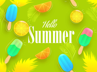 Colorful ice cream with lemon slice decorated on green background for Hello Summer celebration concept. Banner or poster design.