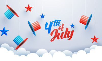 4th Of July celebration banner or poster design with uncle sam hats and colorful stars decorated on paper cut cloudy background.