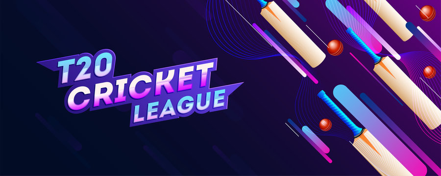 T20 Cricket League header or banner design with cricket ball and bats illustration on purple abstract background for advertising concept.