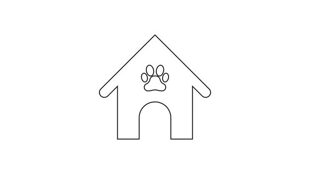 Black Dog house and paw print pet line icon on white background. Dog kennel. 4K Video motion graphic animation