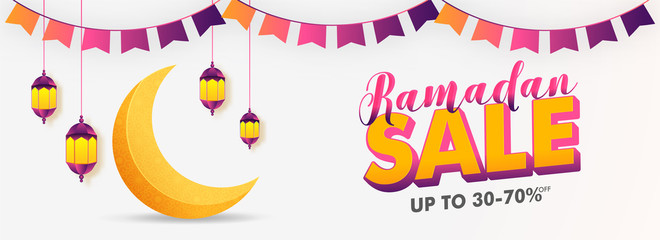 Ramadan Kareem Sale with Flat 30-70% off. Creative social media banner design with illustration of hanging lantern, bunting decoration and moon on white background.