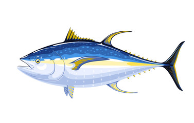 Commercial fish species. Yellowfin tuna. Vector illustration cartoon flat icon isolated on white.