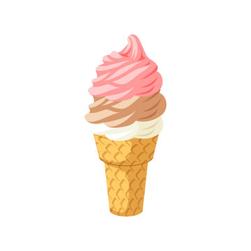 Bright colorful ice cream cone. Design element for AD, promo, menu, flyer. Vector illustration cartoon flat icon isolated on white.