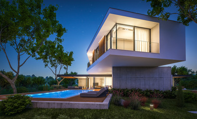 3d rendering of modern cozy house on the hill with garage and pool for sale or rent with beautiful landscaping on background. Clear summer night with many stars on the sky.