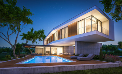 Fototapeta premium 3d rendering of modern cozy house on the hill with garage and pool for sale or rent with beautiful landscaping on background. Clear summer night with many stars on the sky.