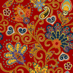 Flower pixel art. Seamless vector pattern