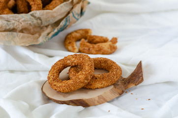 Turkish Traditional Bagel / Kandil Simidi ..Savory roll covered with sesame seed Turkish simit