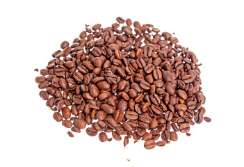 Coffee beans scattered around a cup of coffee.