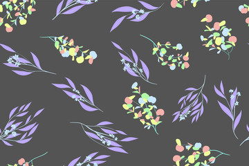 Seamless Summer Pattern in Pastel Color Design. Vector Eucalyptus Leaves. Beautiful Branches and Floral Elements. Tropical Plants. Botanical Background. Summer Pattern for Wedding Design, Print.