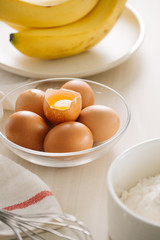 ingredients and tools to make a cake, flour, butter, sugar,eggs