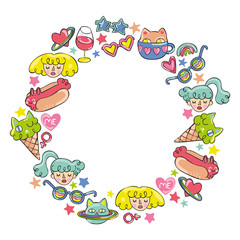 Girls, cat, hot dog, stars. Doodle Set. Round frame. Wreath. Isolated vector objects on white background.