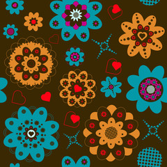 colorful floral seamless pattern with stylized flower motifs on dark background suggesting autumn atmosphere, ideal for print, poster, textile, web, and other designs, eps10 vector illustration - 262990921