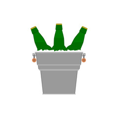 Bottles beer icon. Glass bottles filled with beer in a metal bucket with ice cubes on white background. Light beer in green bottles. Isolated vector flat illustration.
