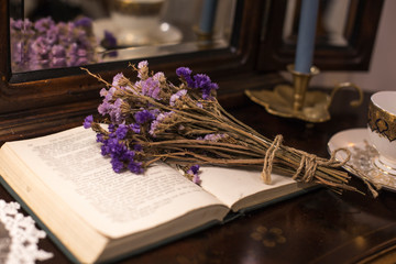 Dry flower on an old book in a vintage style
