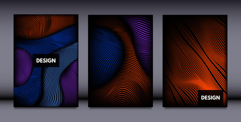 Movement. Abstract Backgrounds. Trendy Wave Lines with Gradient n Futuristic Style. Volume Effect. Distortion of 3d Shapes. Cover Templates Set with Movement for Presentation, Poster, Brochure. EPS.