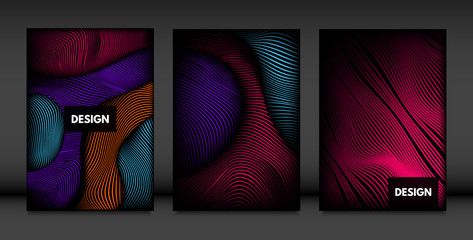 Wavy Lines in Movement. Abstract Backgrounds with Vibrant Gradient and Volume Effect in Modern Style. 3D Vector Abstraction with Distorted Shapes. Wavy Lines for Cover, Magazine, Poster, Brochure.