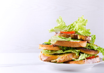 Plate full of delicious sandwiches.Stack of vegetarian sandwiches against white background.Empty space for your text