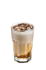 Cold coffee with ice cream on white background.